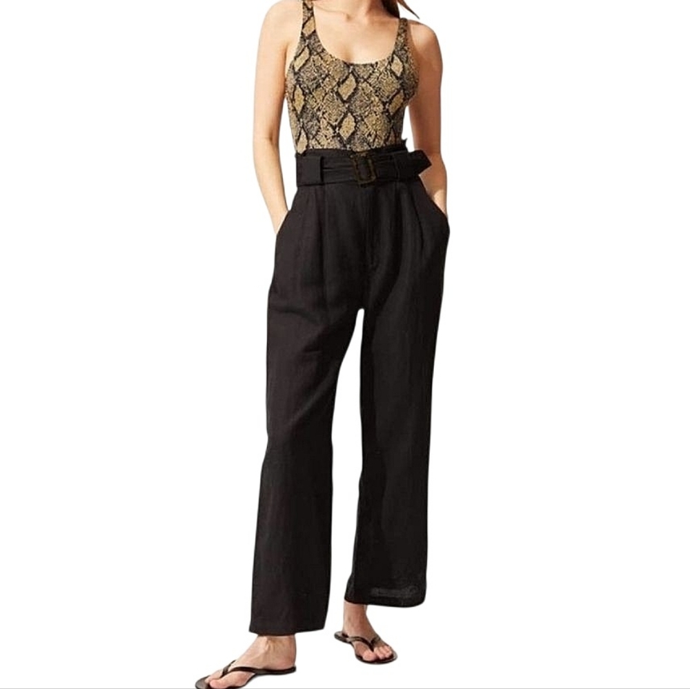 Solid & Striped Paperbag Linen Rayon‎ Wide Leg Pants Black Size S